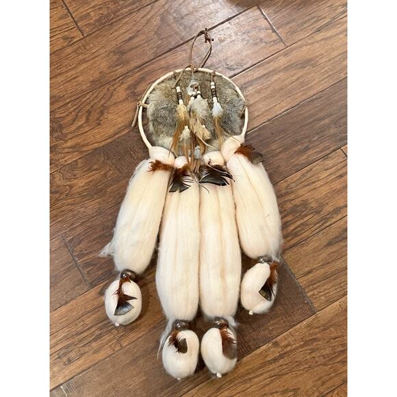VTG Native American Mandella Dream Catcher Fur Wool Feathers Beaded 25" Length - Picture 1 of 10